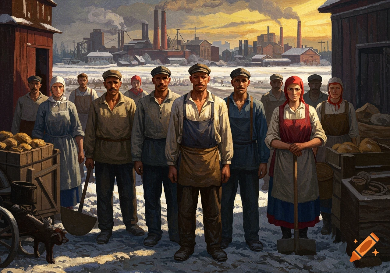 Group of male and female workers stand in a snowy industrial landscape with factories, in a photorealistic painting style.