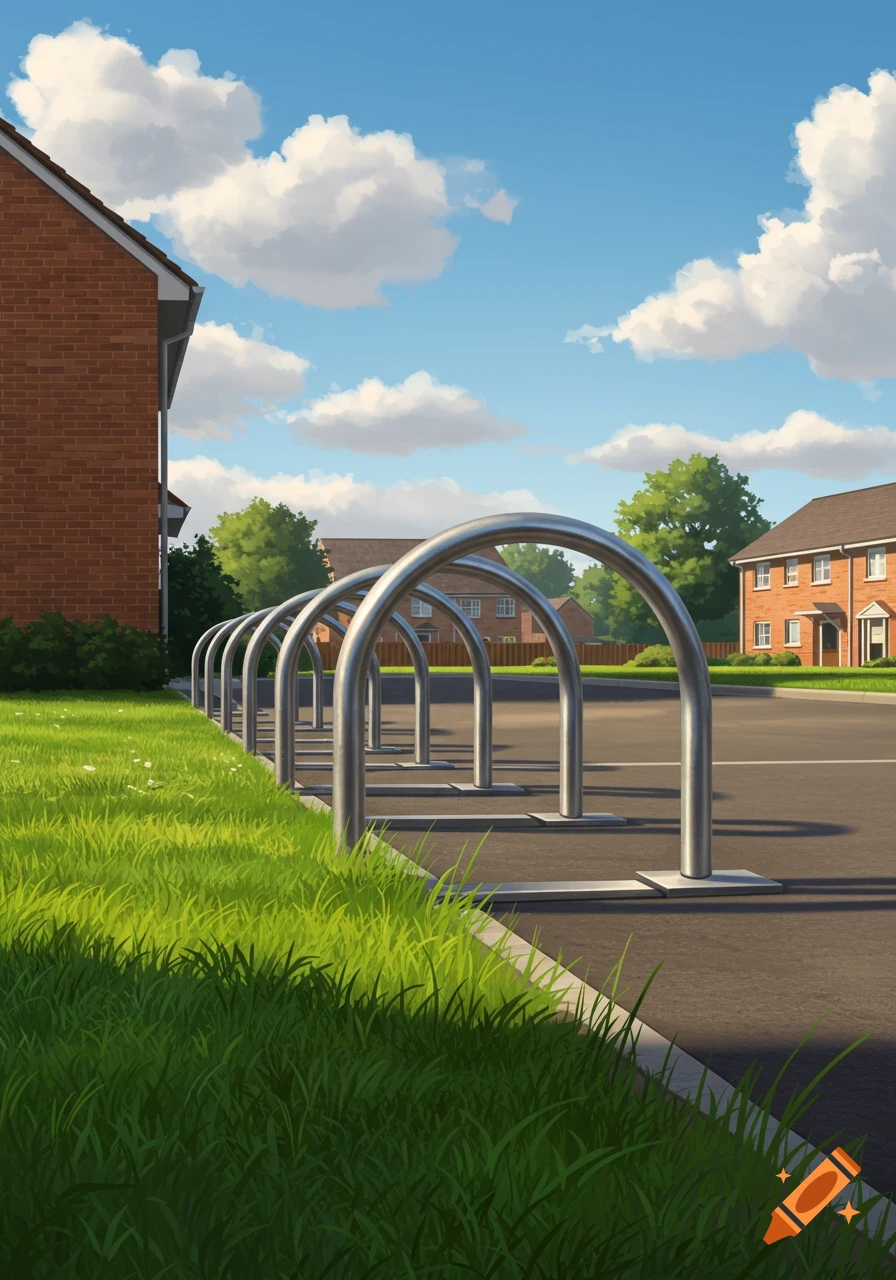 Stylized suburban scene with a line of silver bike racks on asphalt, green grass, brick houses, and trees under a blue sky.