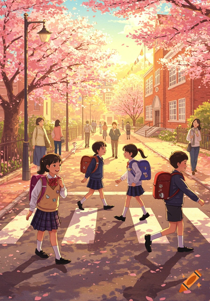 Anime illustration of school children in uniforms walking across a pedestrian crossing lined with cherry blossom trees.