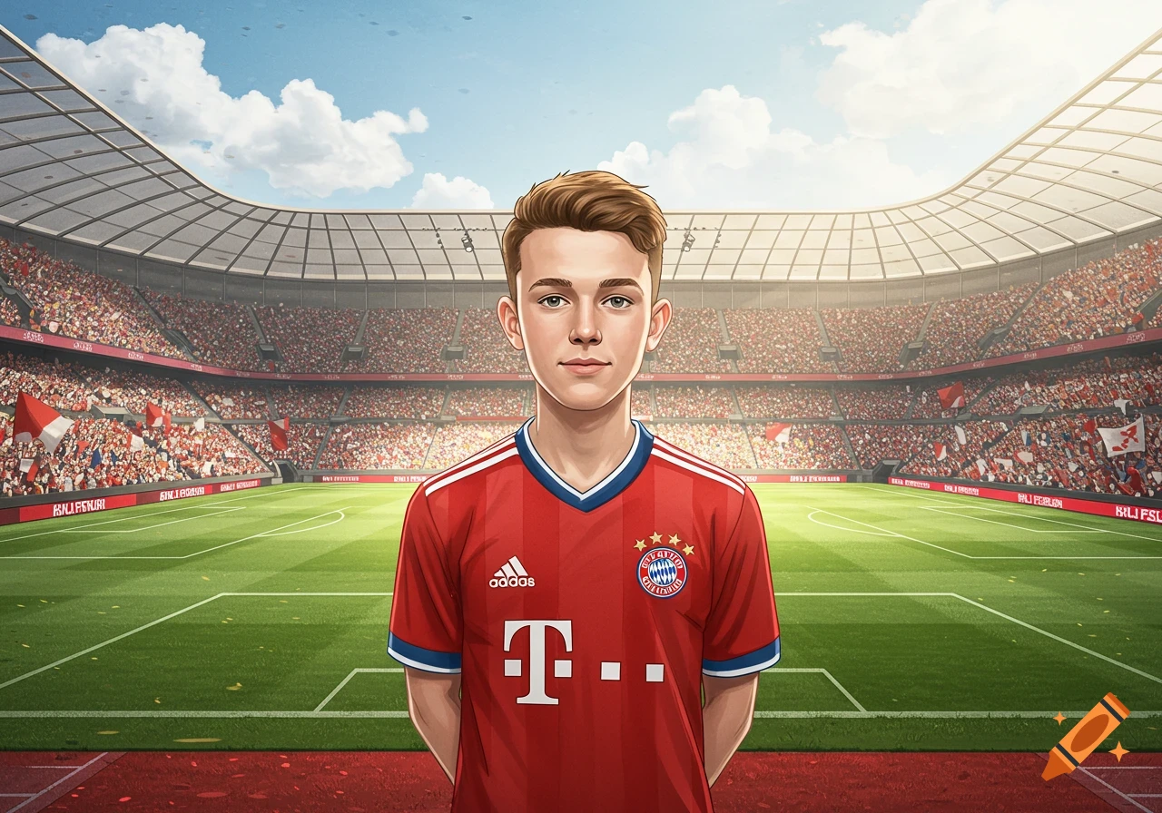 Cartoonish portrait of a young boy in a red Bayern Munich jersey standing in a bustling football stadium.