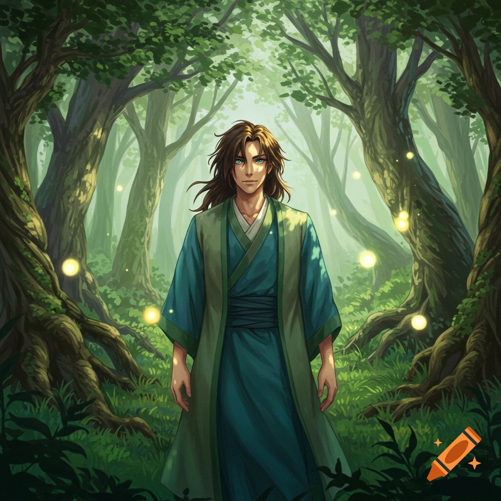 A young man with brown hair and blue eyes, wearing a teal robe, stands in a vibrant, misty green forest with light orbs, in Studio Ghibli style.