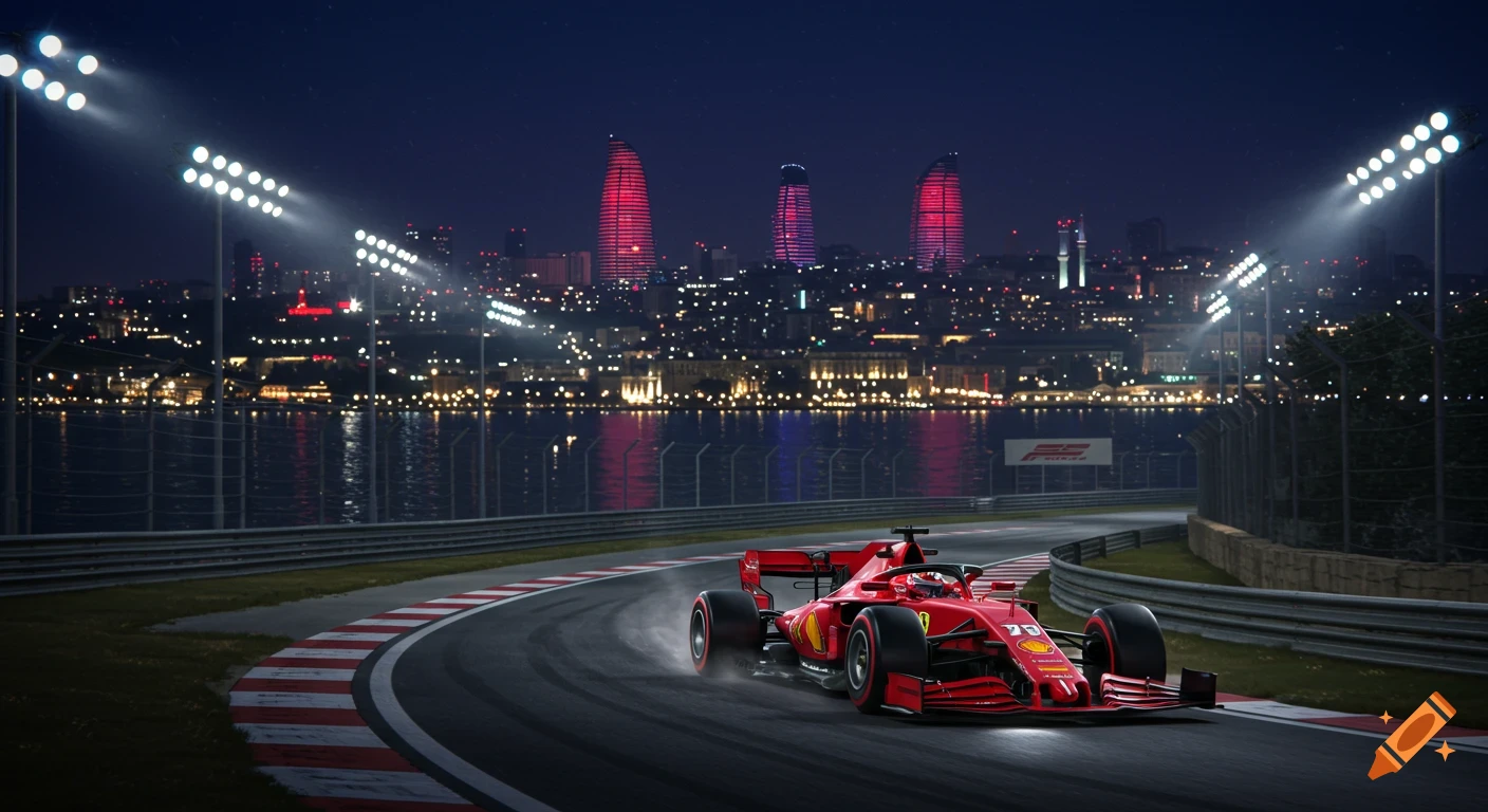 A red Ferrari Formula 1 car races on a wet night circuit with a brightly lit city skyline and red towers in the background, photorealistic style.