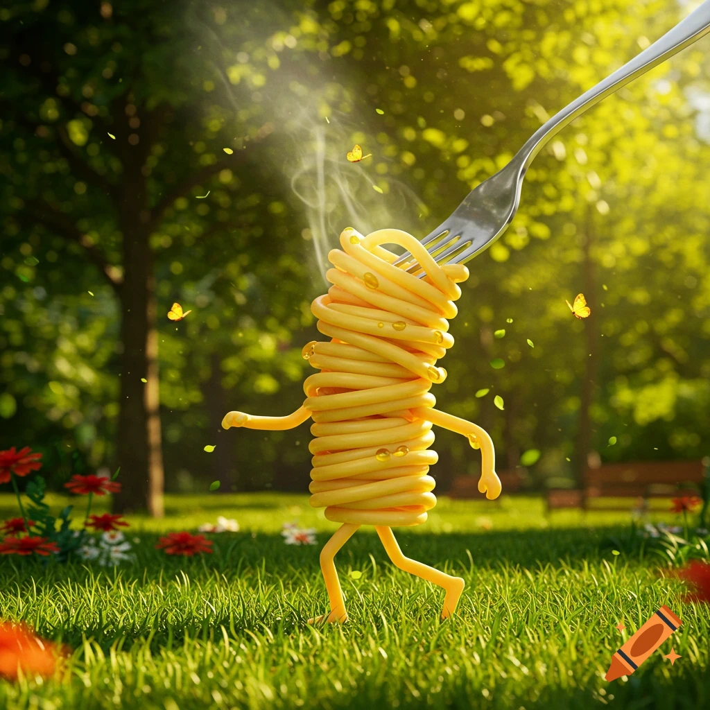 A whimsical pasta character with legs walks across a sunny grassy park, a fork holding it from above. Photorealistic art.