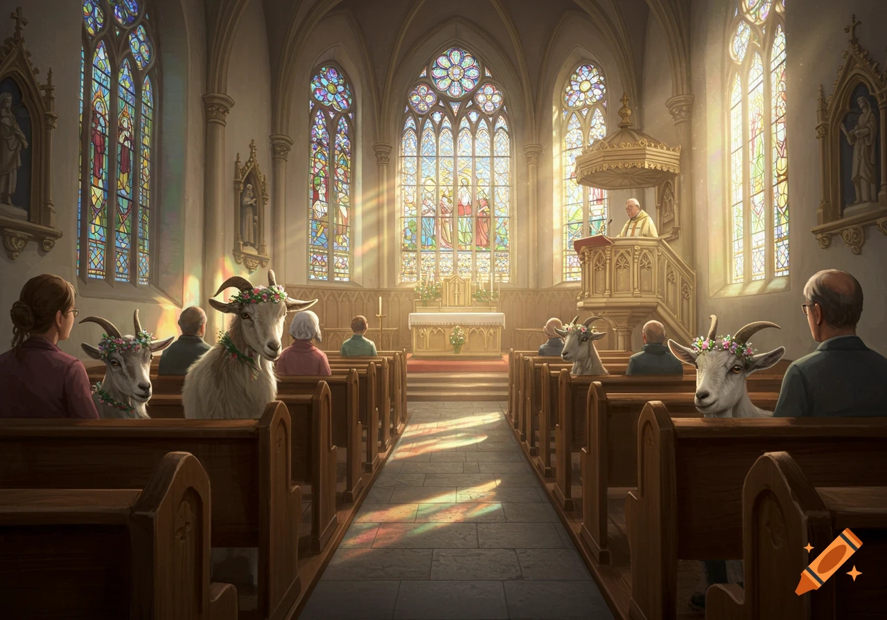 Goats wearing flower garlands sit in pews during a church service with a priest at the pulpit, sunbeams stream through stained glass windows.