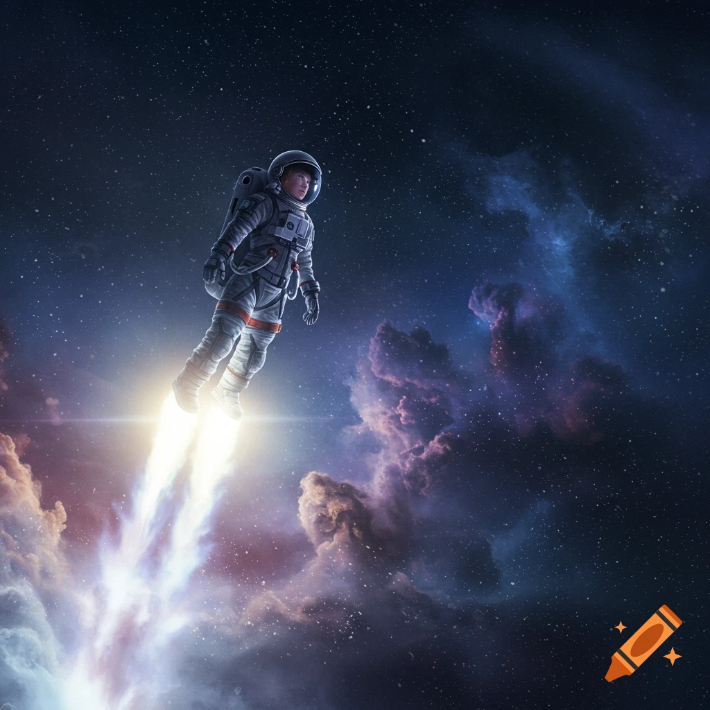 A detailed depiction of an astronaut blasting off into deep space, with bright rocket flames and colorful nebulae.
