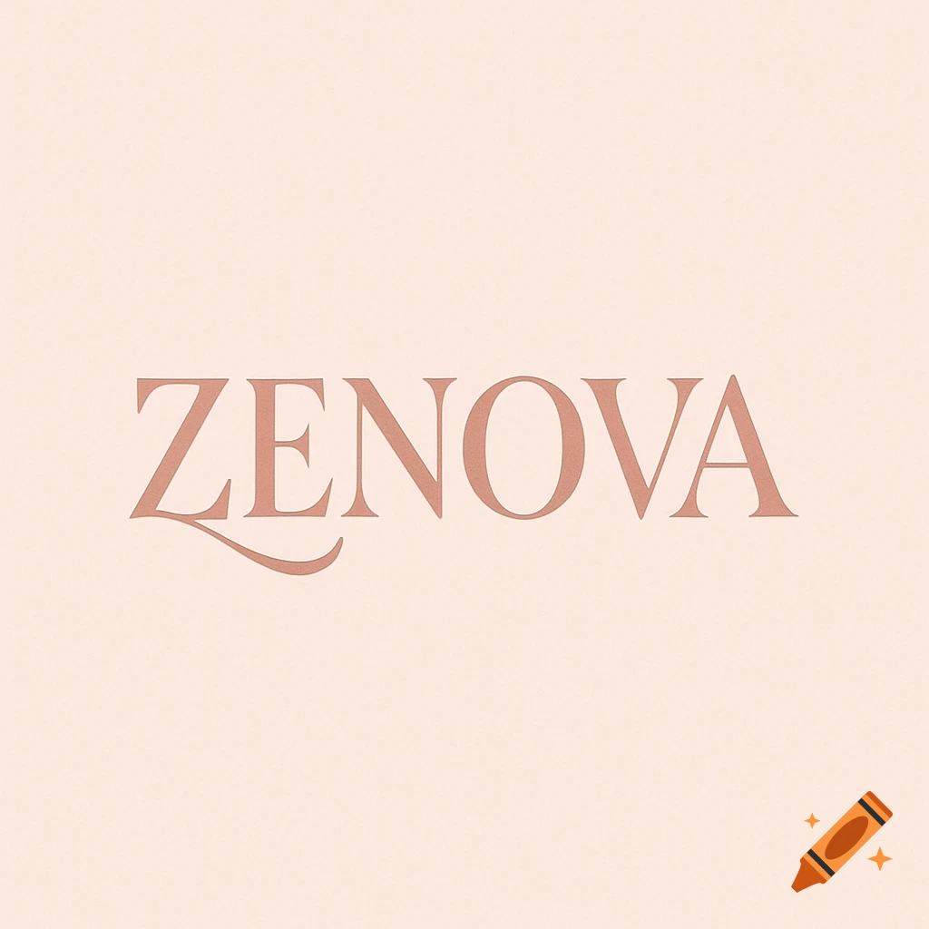 Elegant 'ZENOVA' text logo in a soft serif font with delicate curves, on a textured blush pink background.