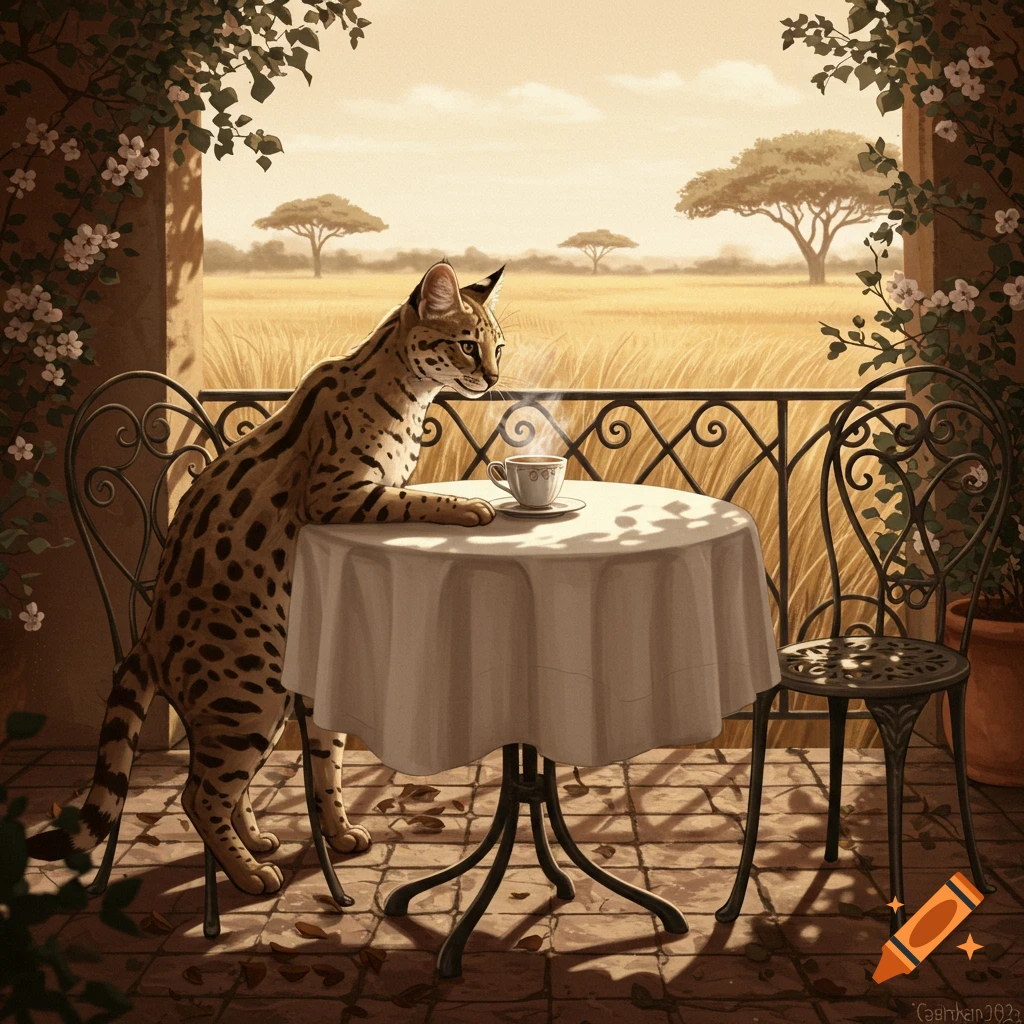A realistic illustration of a savannah cat leaning on a balcony table with a steaming coffee cup, overlooking a golden savannah.