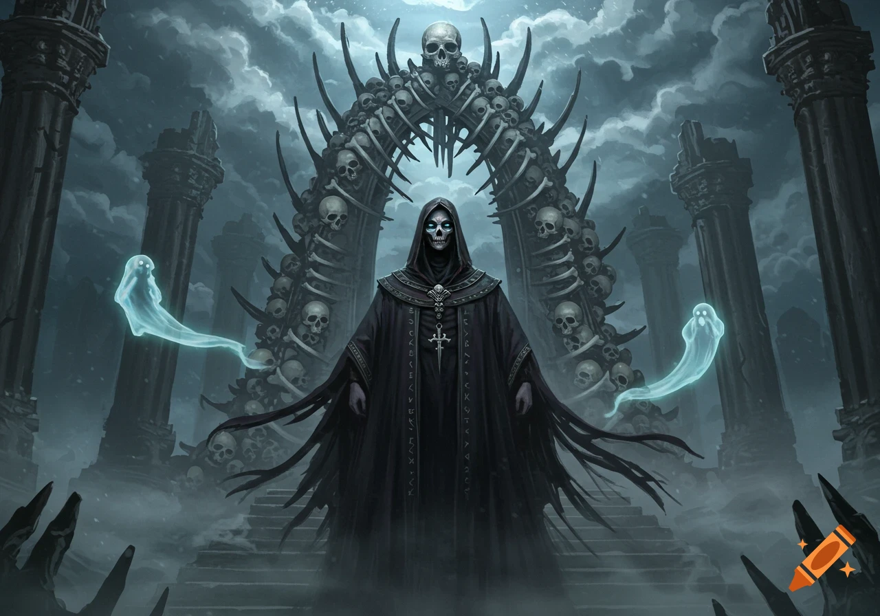 A skeletal figure in a dark hooded robe stands before an arch of bones and skulls, flanked by two glowing ghosts in a ruined, misty landscape.