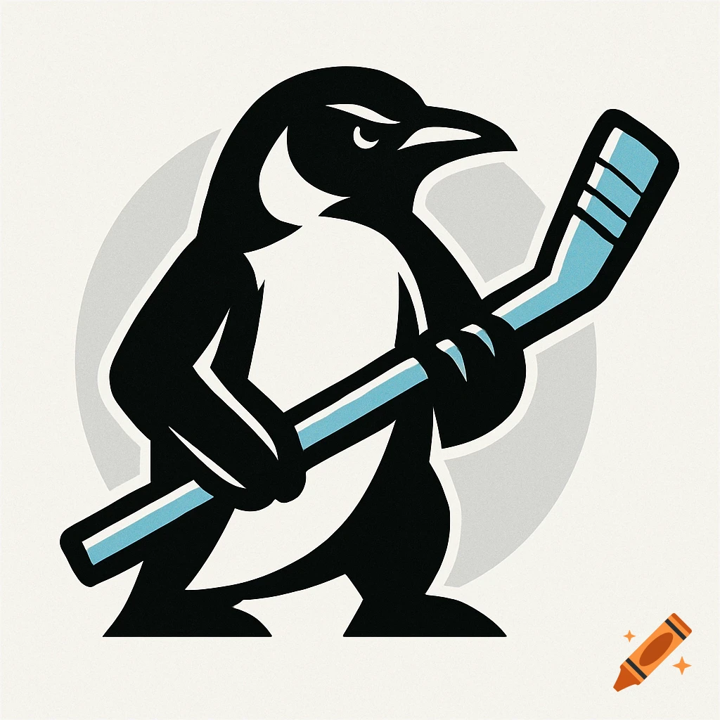 A stylized logo of a determined black and white penguin holding a light blue hockey stick.