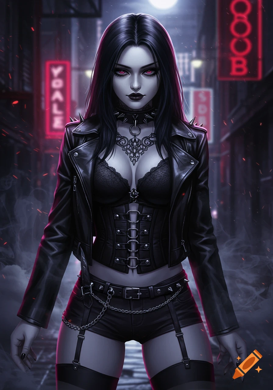 Anime-style goth girl with long dark hair, pale skin, and red eyes, wearing a black leather jacket, lace bra, and shorts, standing in a dark, foggy city street with neon signs.