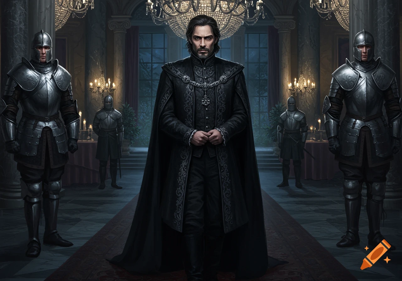 A stern, dark-haired man in a black noble's outfit stands in a grand hall, flanked by two armored guards, digital art.