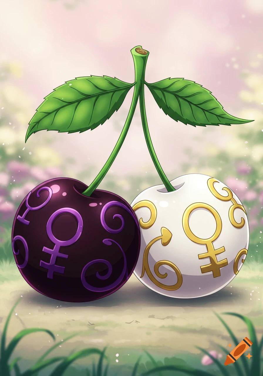 Two anime-style cherries, one dark purple with purple Venus symbols, the other white with gold Venus symbols, sharing a stem.