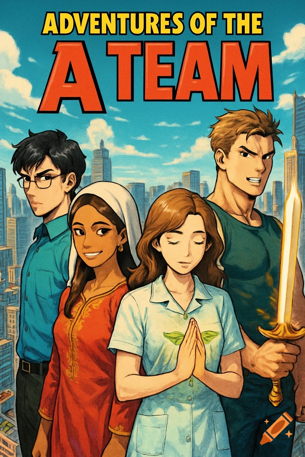 Manga style book cover with four diverse young adult characters standing in an urban environment under the title 'ADVENTURES OF THE A TEAM'.