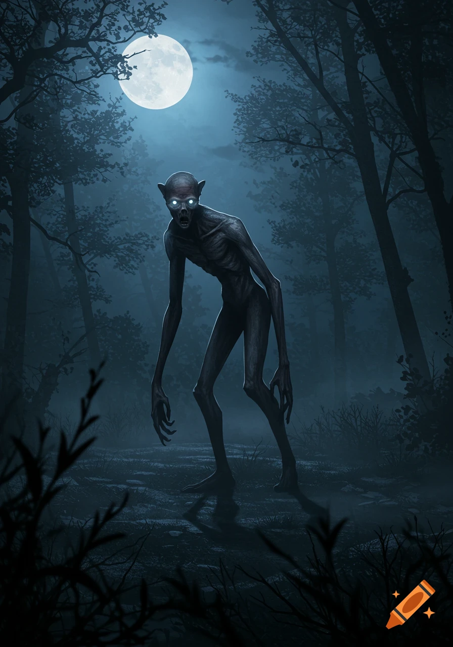 A gaunt, pale humanoid creature with glowing eyes stands in a dark, misty forest under a full moon, a chilling dark fantasy illustration.