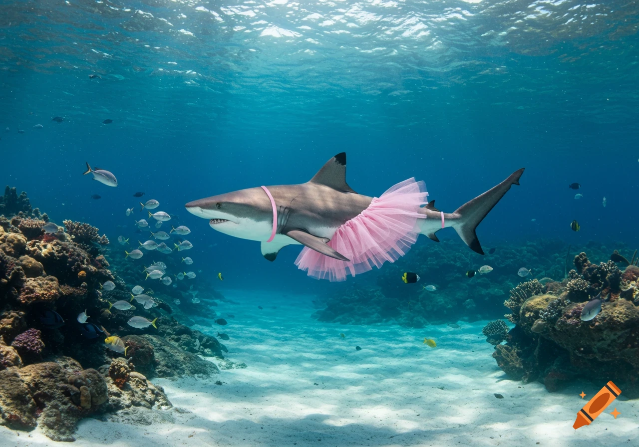A photorealistic shark in a pink tutu swims underwater amidst coral and small fish.