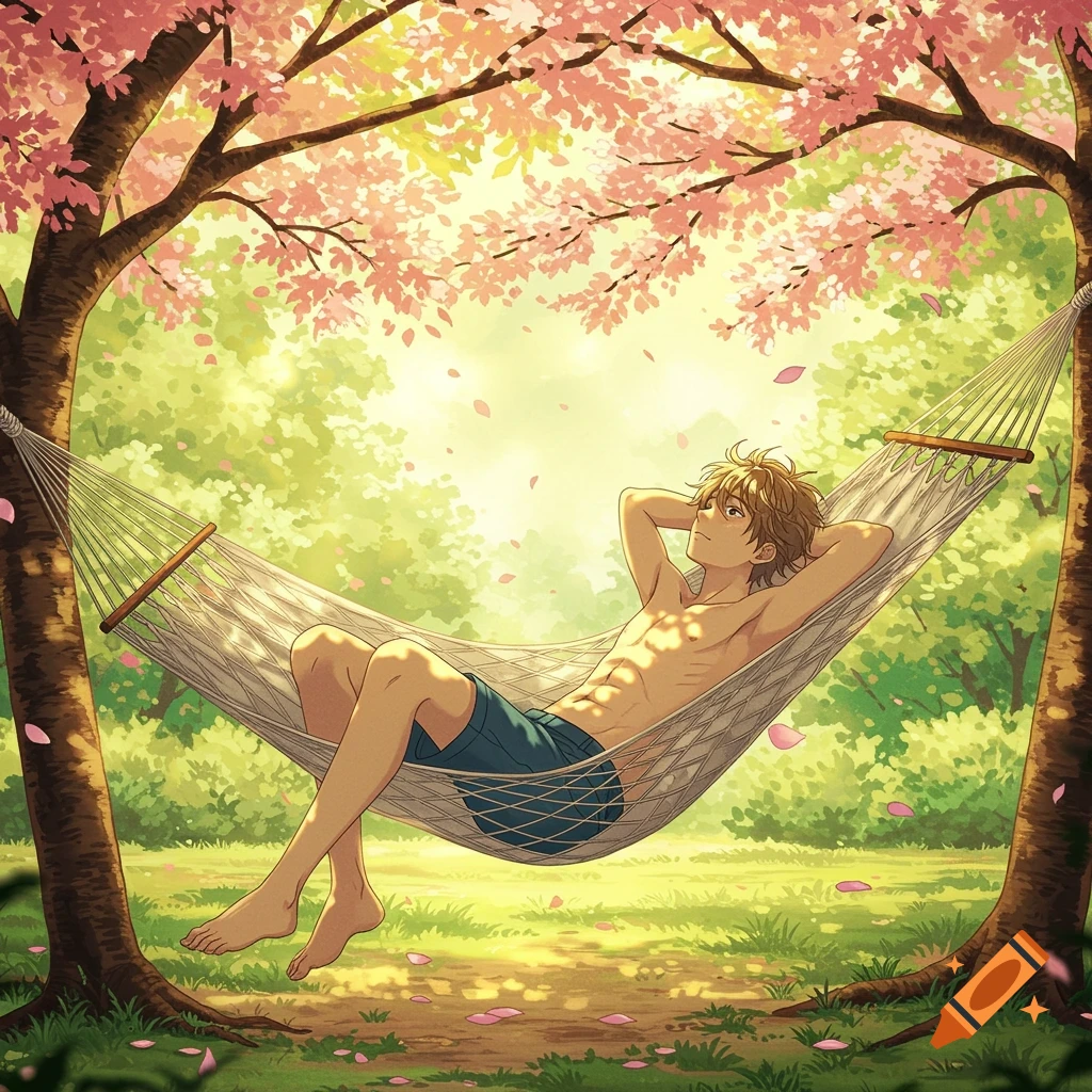 Anime boy with tanned skin relaxing shirtless in a hammock under cherry blossom trees.