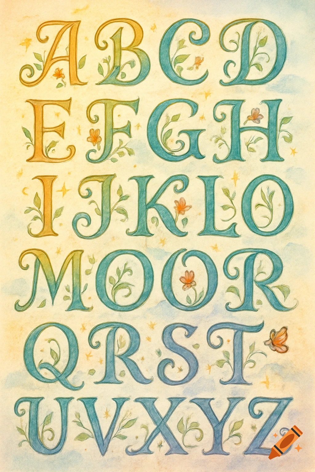 Decorative capital letters A-Z, illustrated in a watercolor style with flowers, leaves, and stars on a yellow background.