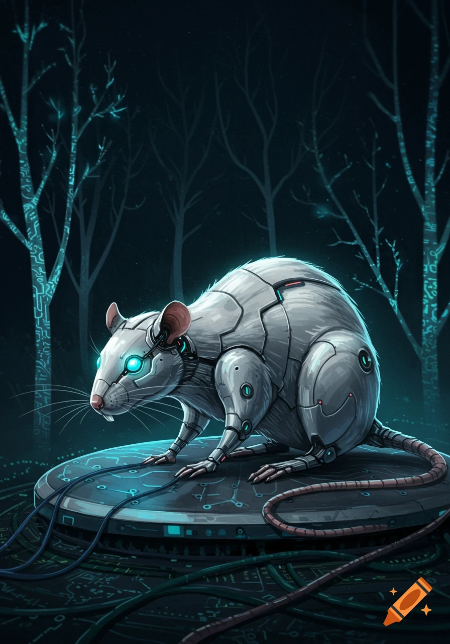 A white cybernetic rat with glowing blue eyes sits on a circular platform with circuit patterns, in a dark forest with glowing blue circuit-patterned trees, in a detailed digital art style.