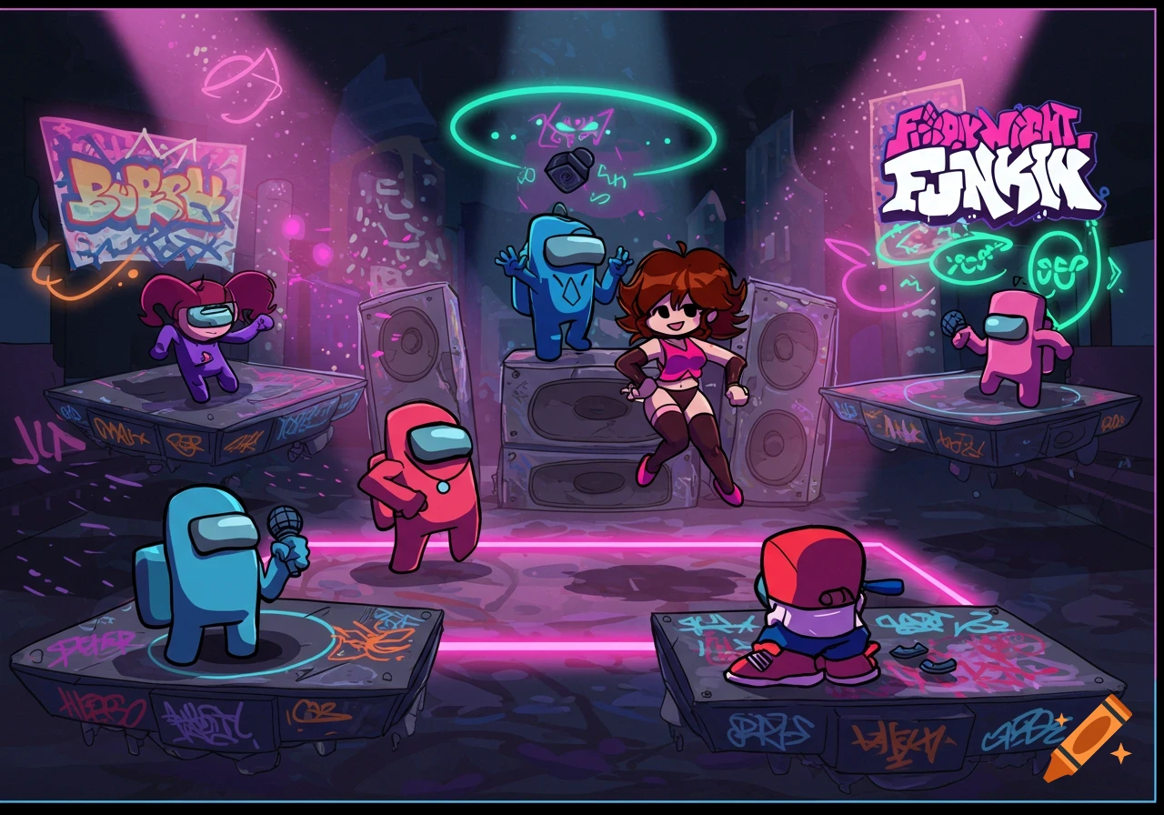 Colorful cartoon of Among Us characters and Friday Night Funkin's Girlfriend dancing on floating platforms in a neon-lit, graffiti-covered urban setting.