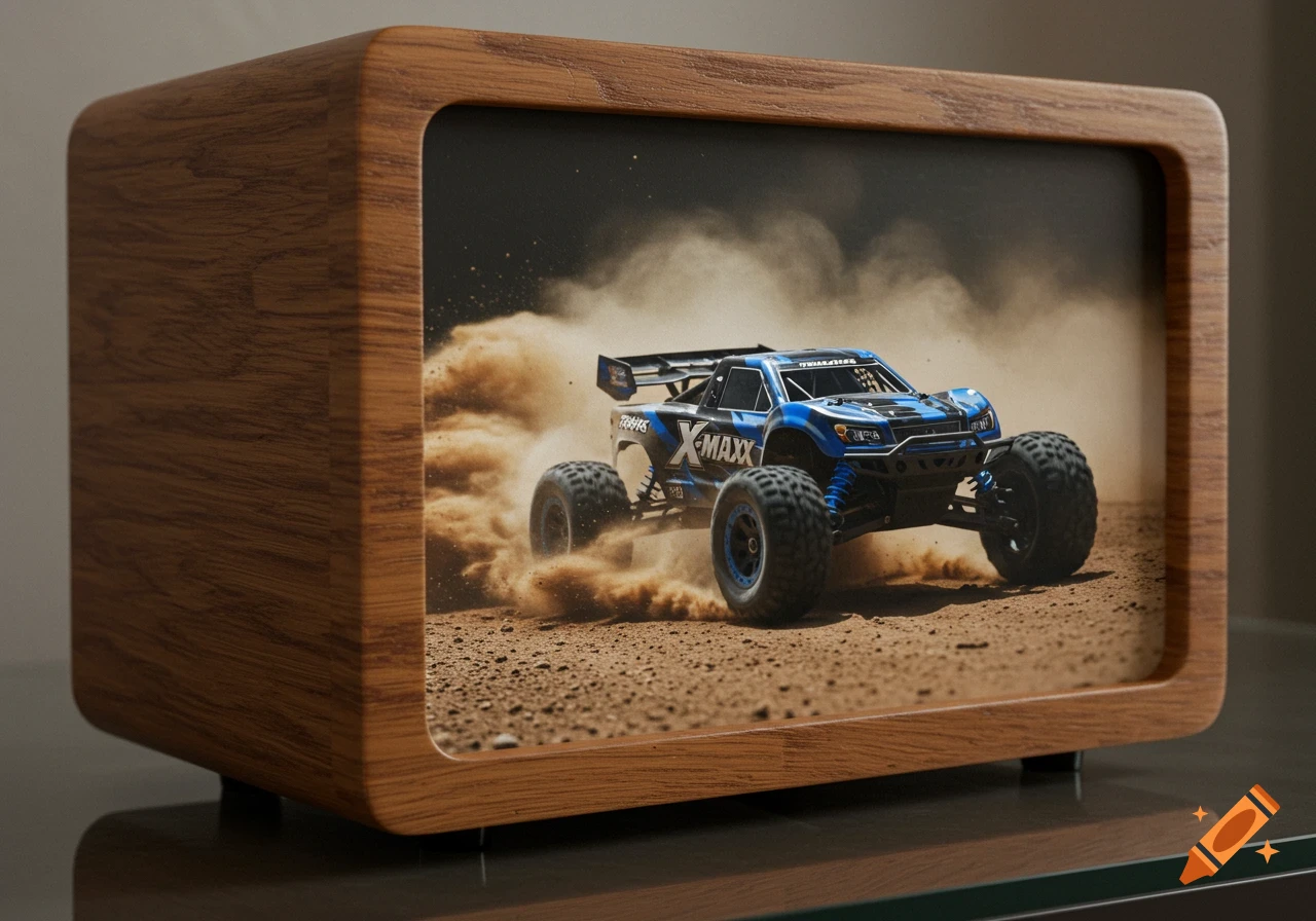 A blue Traxxas X-Maxx RC car kicks up dust on a dirt track, displayed on a screen embedded in a wooden speaker.