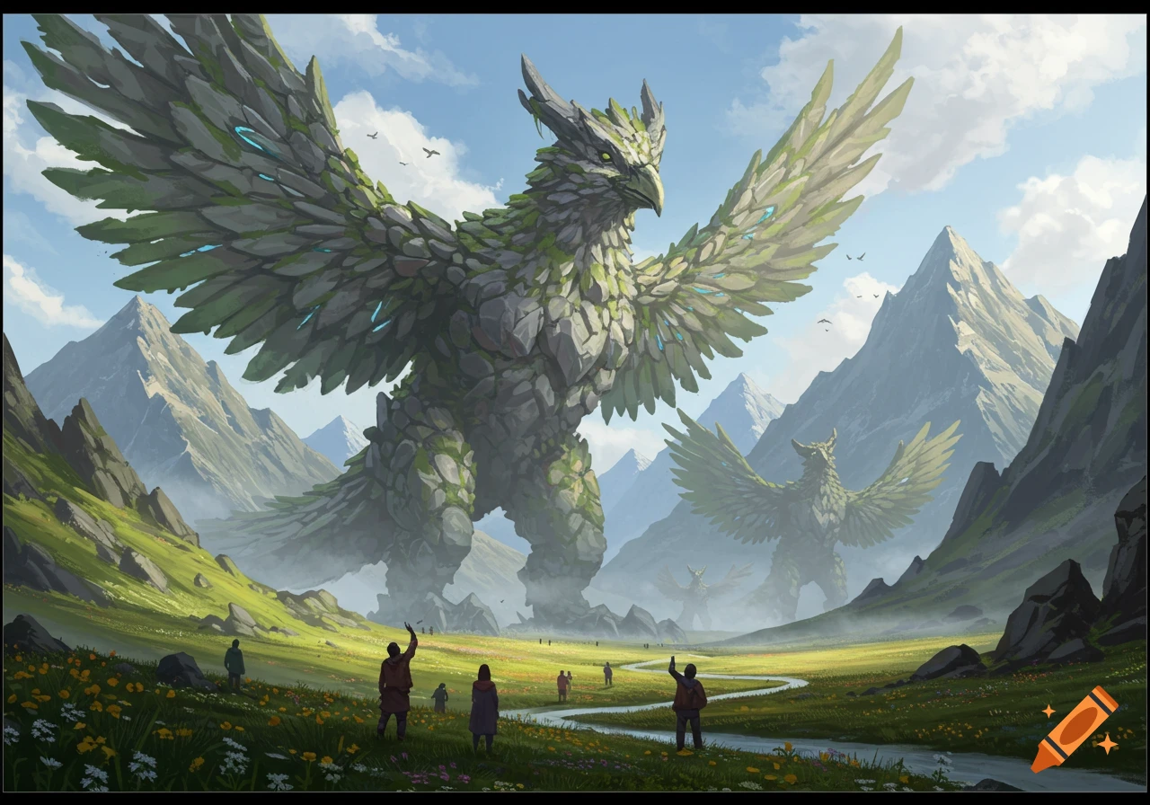 Two immense rock and moss bird-like monsters stand in a lush green mountain valley with humans gazing up at them, fantasy art.