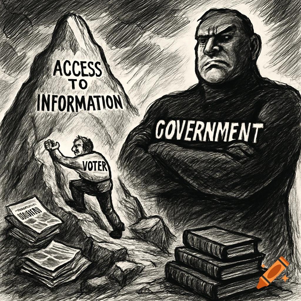 A black and white political cartoon in a sketch style. A voter climbs a mountain labeled "Access to Information" while a large figure labeled "Government" stands blocking the path.