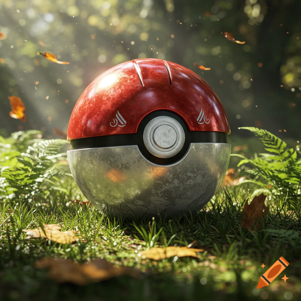 A photorealistic Pokeball rests on grass and fallen leaves in a sun-dappled forest.