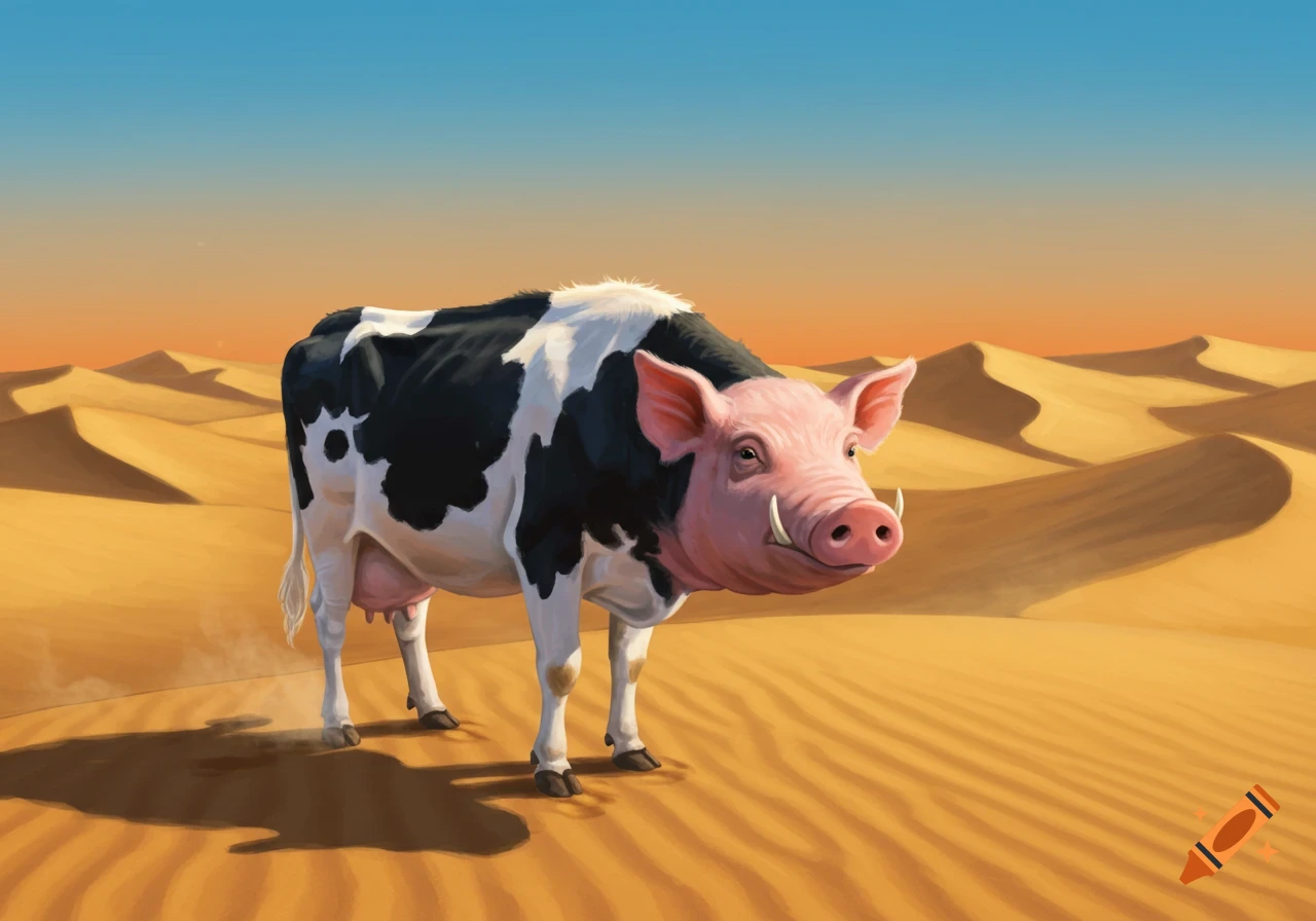 A cow-pig hybrid with tusks stands in a sunny desert with sand dunes, in a digital painting style.