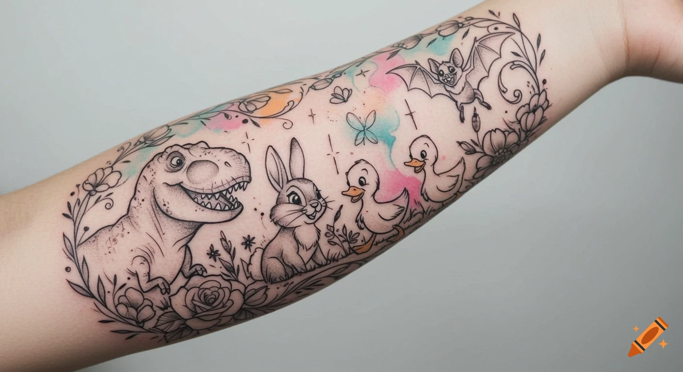 A colorful, whimsical tattoo on an arm featuring a T-Rex, bunny, two ducklings, and a bat surrounded by flowers and watercolor splashes.