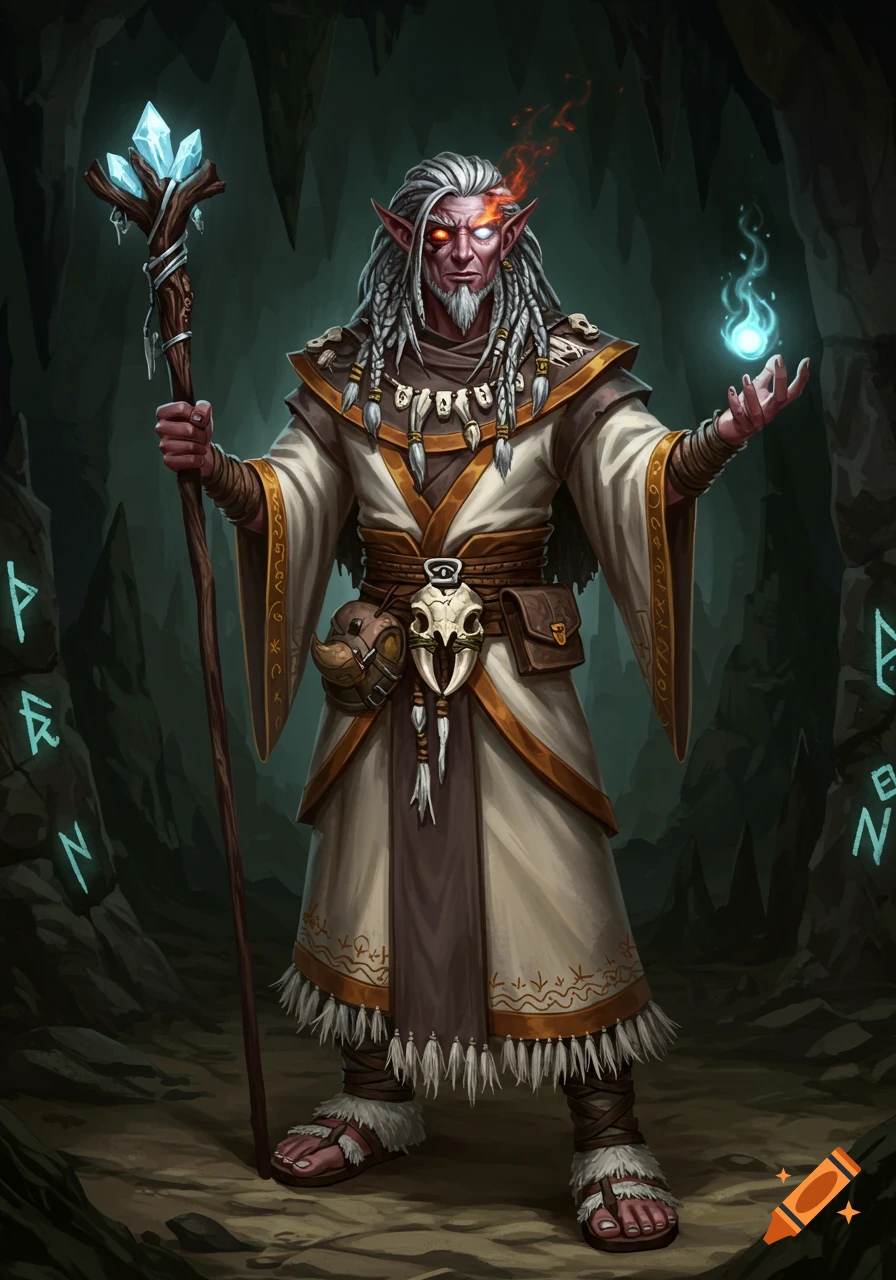 An ash-gray haired half-elf wizard with glowing eyes and fire effects, holding a crystal-topped staff, in a cave with glowing runes.