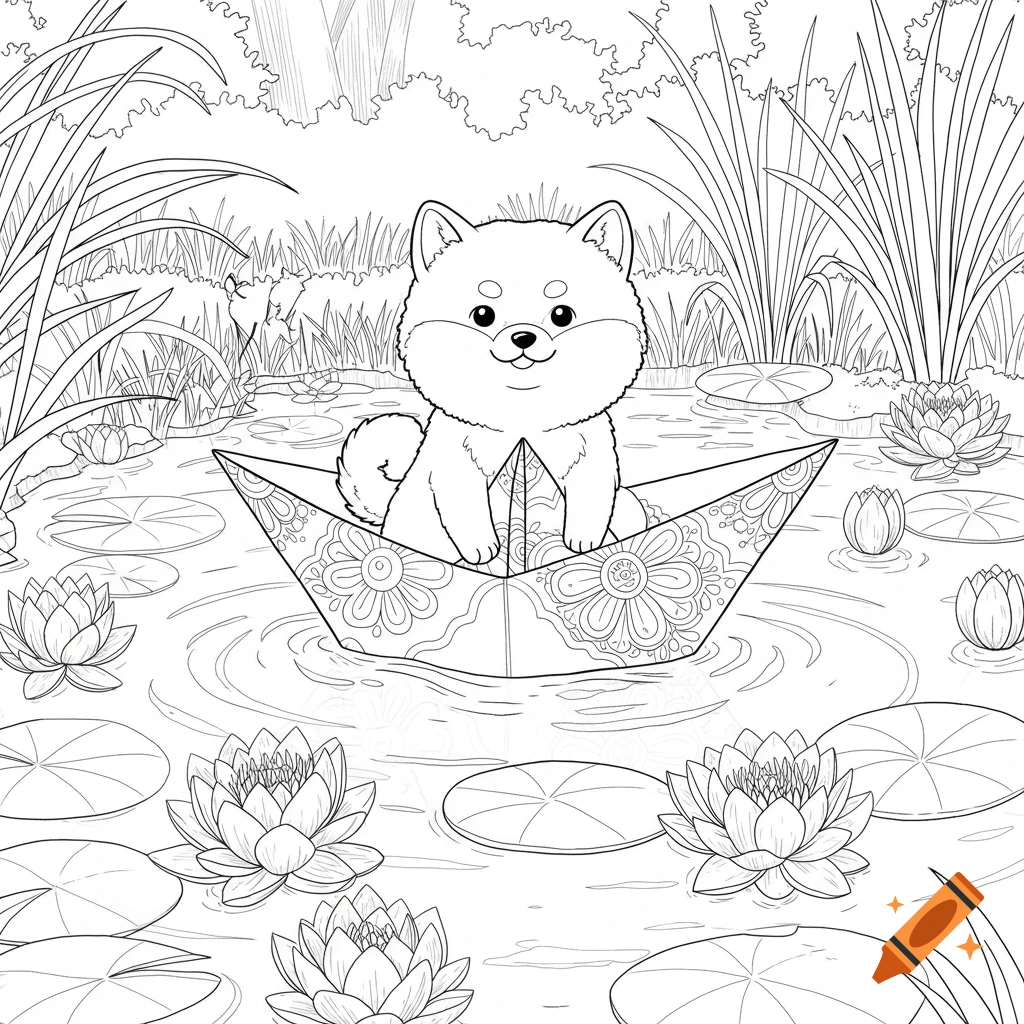 Black and white line drawing of a cute Shiba puppy in a paper boat on a pond with lily pads and tall grasses.