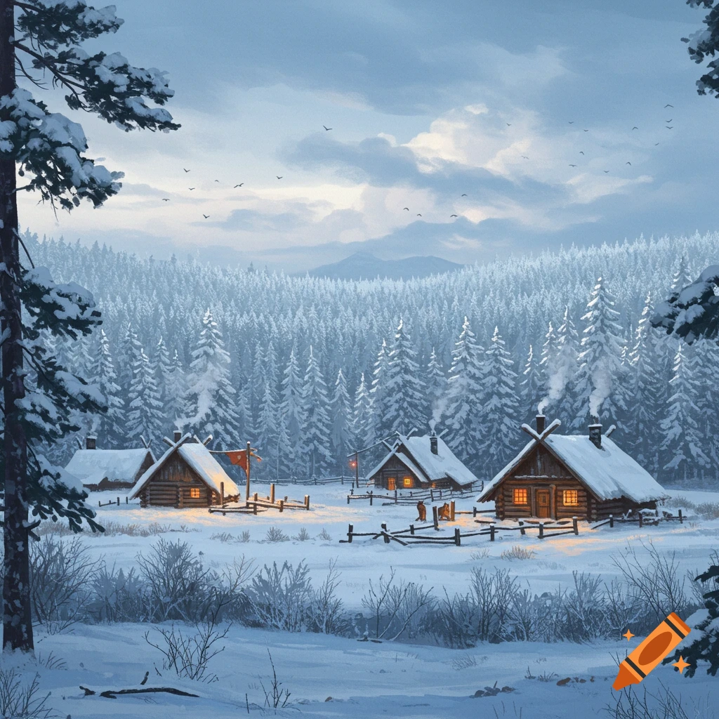 A serene winter village scene with snow-covered log cabins, glowing windows, and a dense pine forest under a cloudy sky.