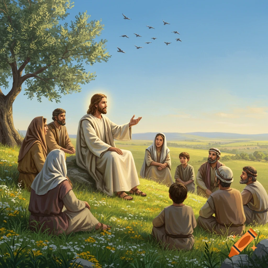 Jesus sits on a rock on a grassy hillside, teaching a group of disciples and children under a blue sky with birds. Painting style.