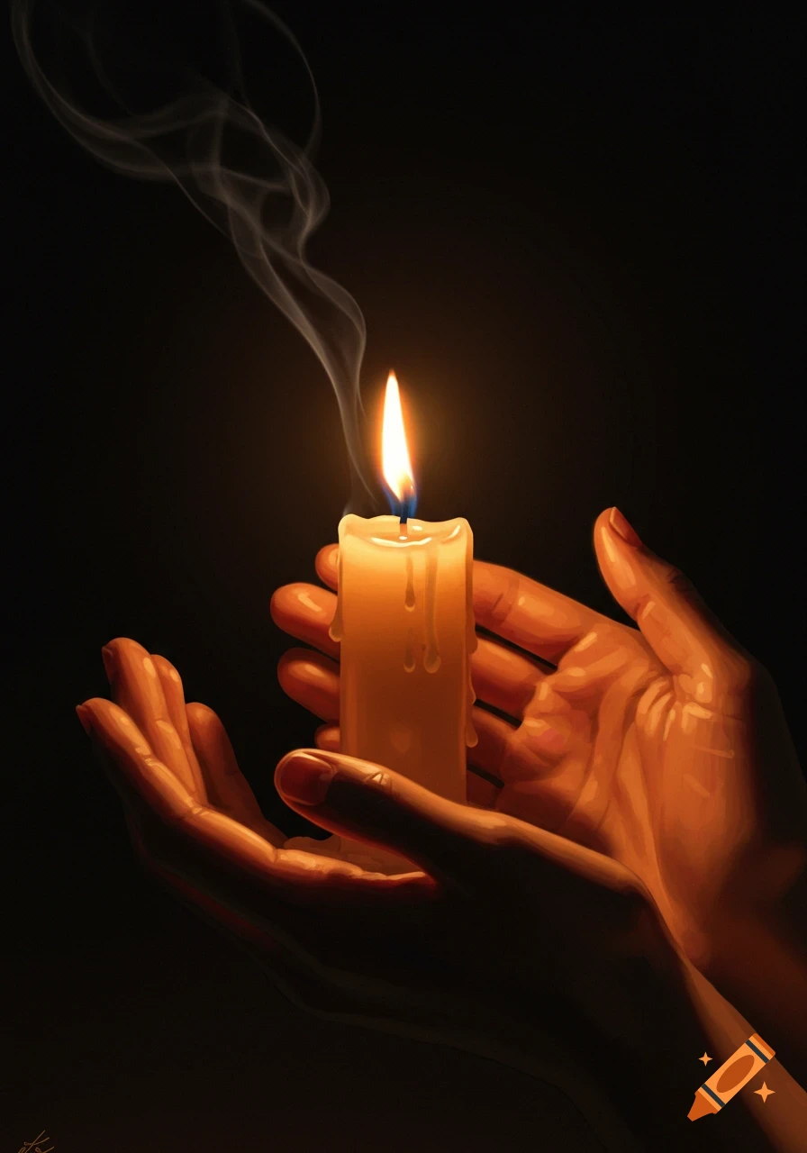 Cupped hands holding a glowing lit candle with wisps of smoke rising in a dark, atmospheric, painterly style.