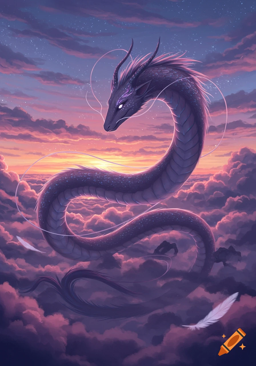 A majestic dark purple serpentine dragon with glowing eyes gracefully glides through a vibrant pink and purple sunset sky filled with clouds.