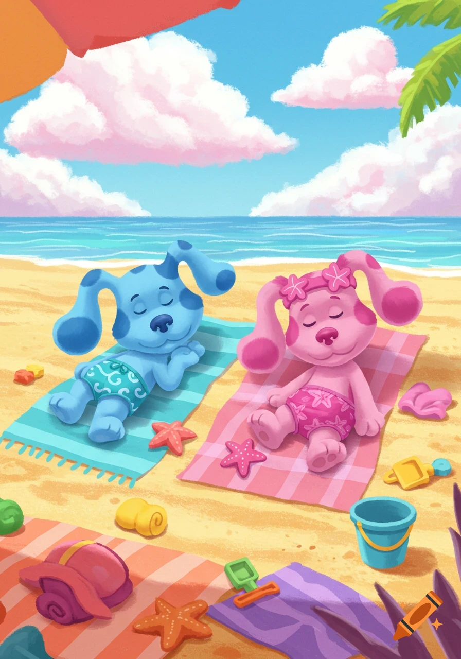 Cartoon Blue and Magenta from Blue's Clues sleeping on towels on a sunny beach.