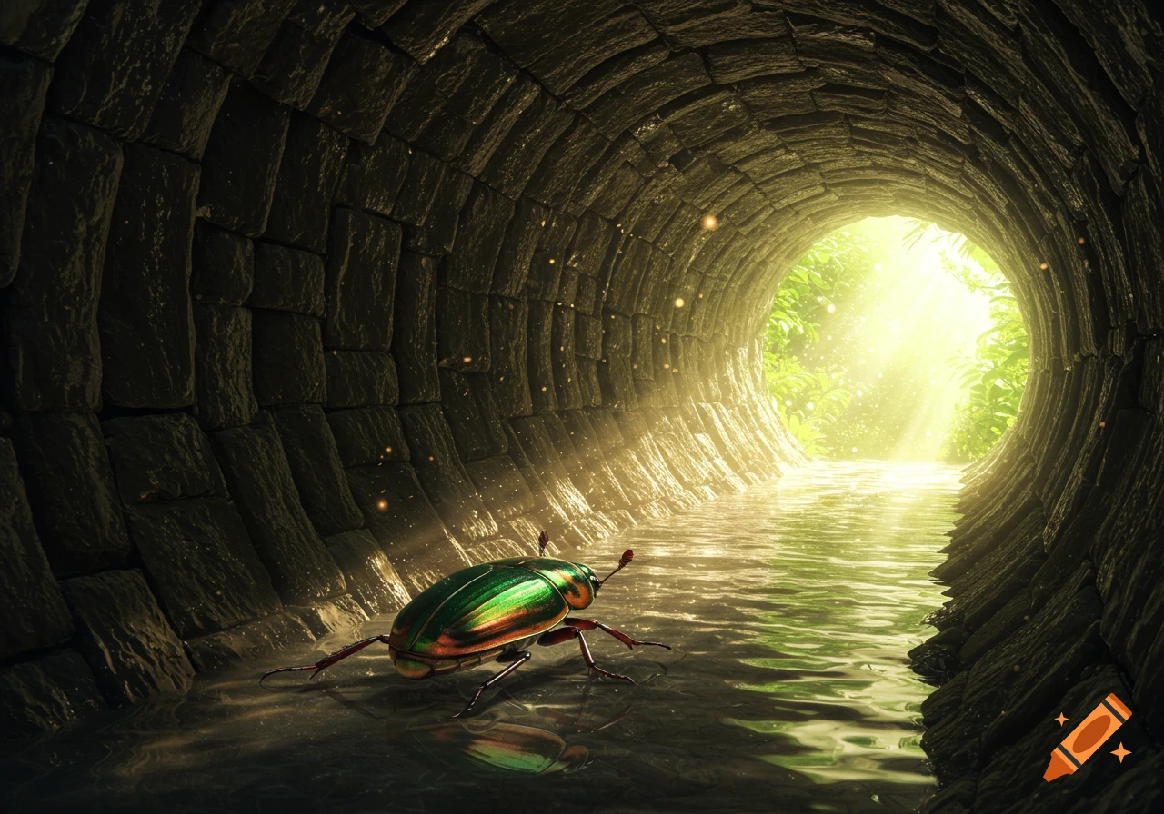 A photorealistic image of a vibrant green Japanese beetle in a dark stone tunnel with water, moving towards a bright, green-fringed exit.