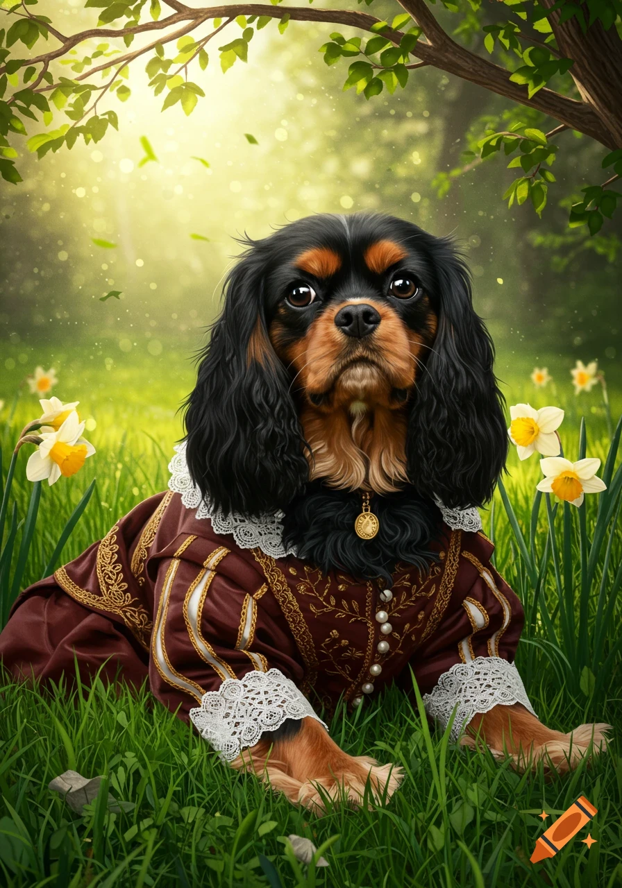 A Cavalier King Charles Spaniel dog in a maroon and gold Renaissance costume sits in a sunny green field with daffodils.