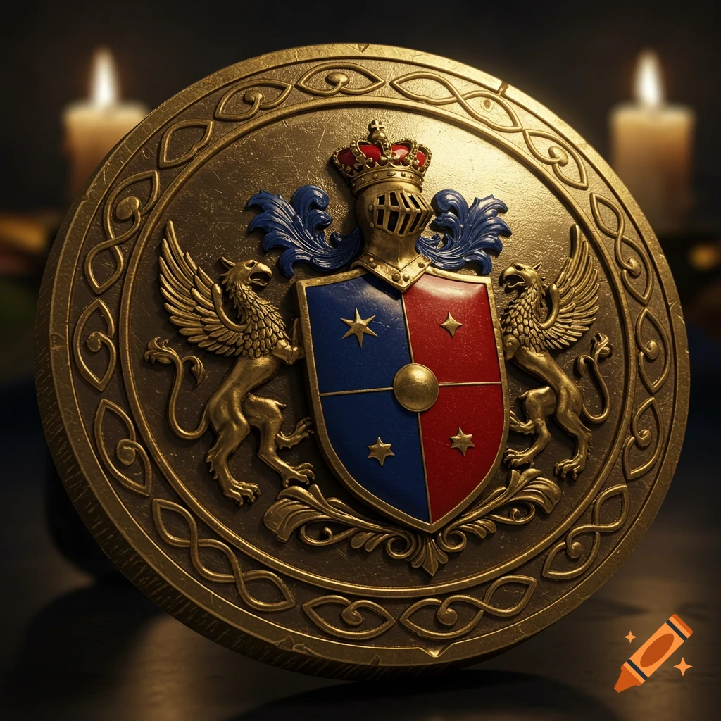 Ornate golden heraldic token with a crowned helmet, red and blue shield with stars, and two griffins, set against a dark, candlelit background.