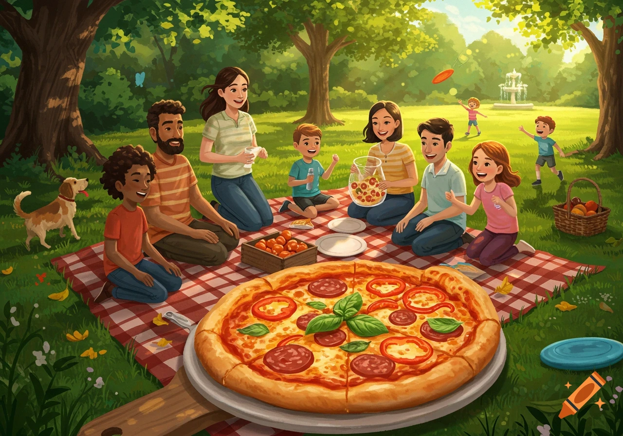 An illustration of a diverse family having a picnic in a sunny park, sharing a large pizza, with a dog and children playing in the background.