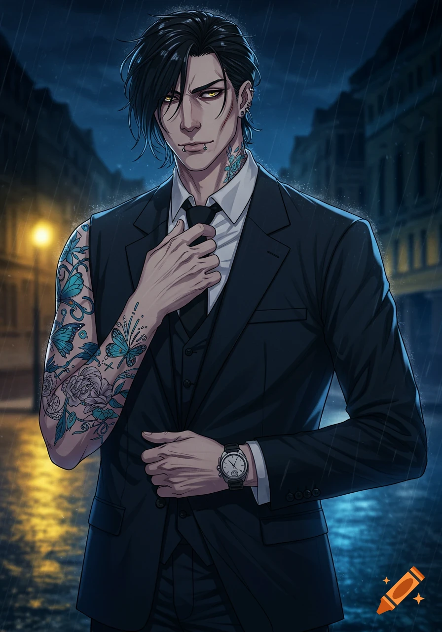 Anime-style man in a dark suit with tattoos and piercings, adjusting his tie on a rainy city night with glowing streetlights.