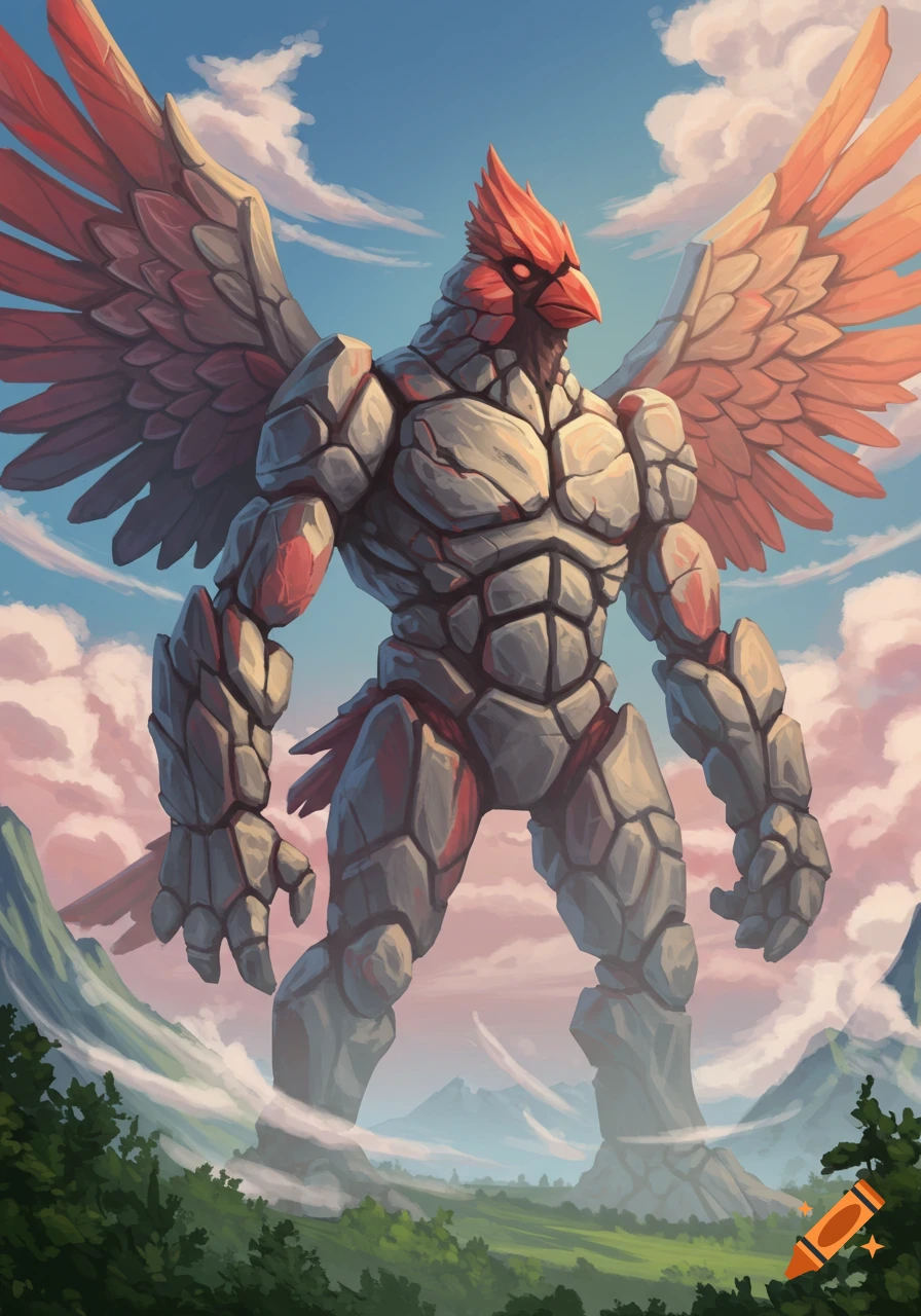 A massive rock monster with red cardinal features and wings stands tall over a green, mountainous landscape under a blue sky.
