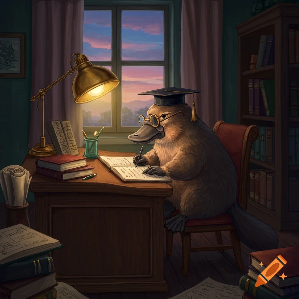 An anthropomorphic platypus with glasses and a graduation cap studies at a wooden desk under a lamp, surrounded by books, in an illustration.