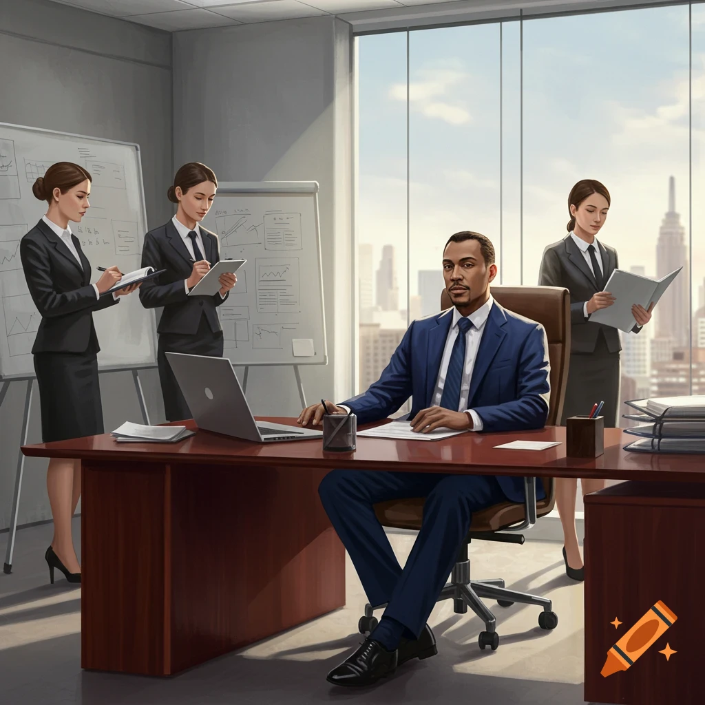 An illustration of a man and three women in suits working in a modern office with a city view.
