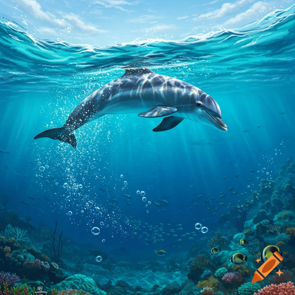 A photorealistic bottlenose dolphin swims underwater with light rays, bubbles, and a coral reef teeming with fish below.