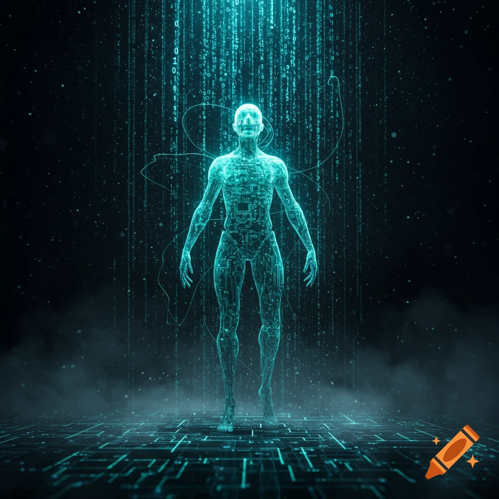 A glowing, translucent cyan human figure made of circuits and data stands on a grid of light, with binary code falling like rain in a dark digital space.