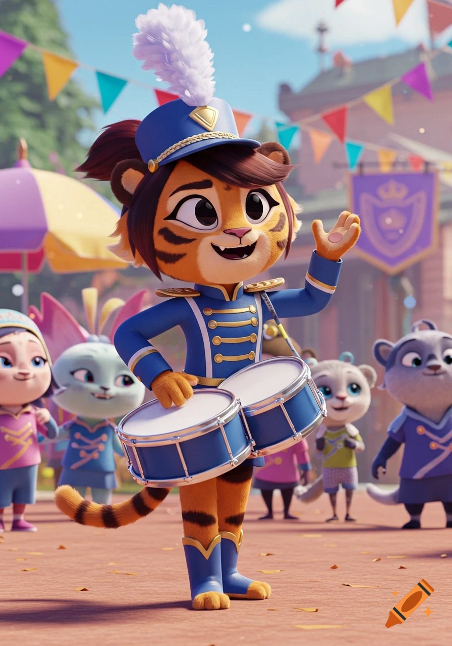 A cute animated tiger mascot in a blue marching band uniform with a shako and plume, holding drums and waving, surrounded by other cartoon animals.