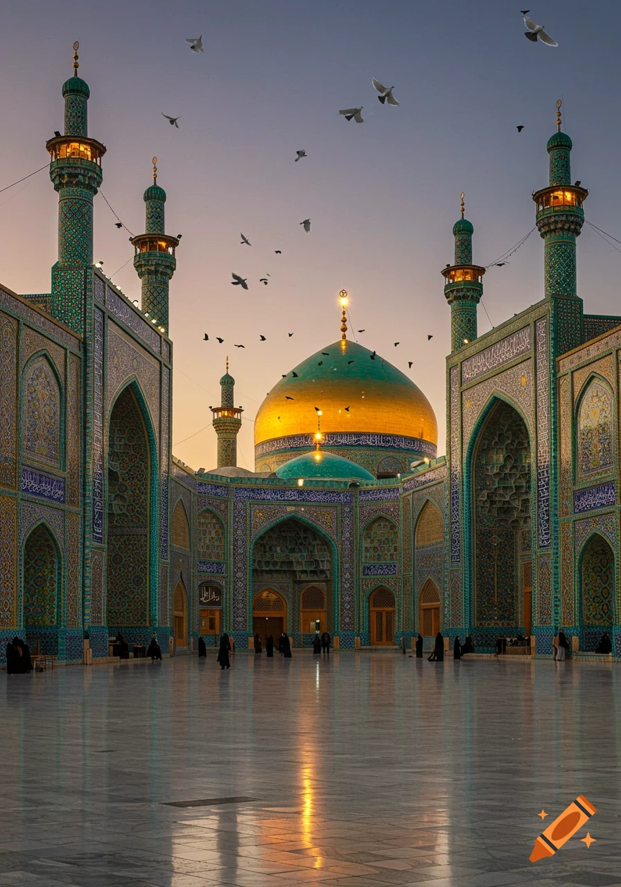 Ornate Islamic shrine at dusk with a golden dome, two minarets, blue-green tiles, a marble courtyard, and birds flying in the sky.