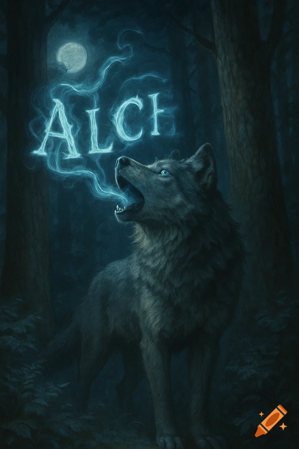 A grey wolf howls in a dark forest at night, glowing blue letters "ALCH" rising from its mouth towards a full moon.