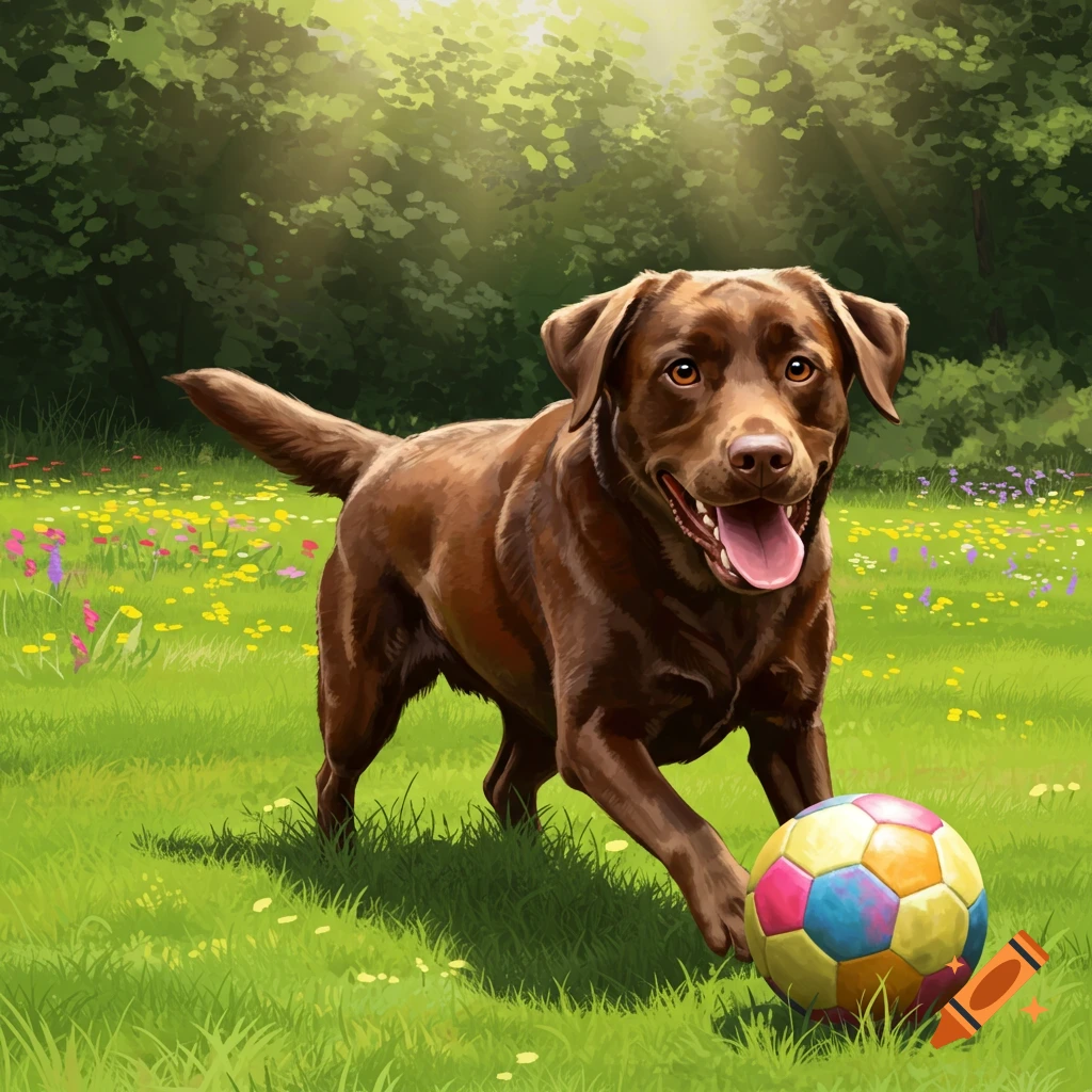 A happy chocolate Labrador dog plays with a colorful ball in a sunny, green field filled with flowers, rendered in a painterly style.